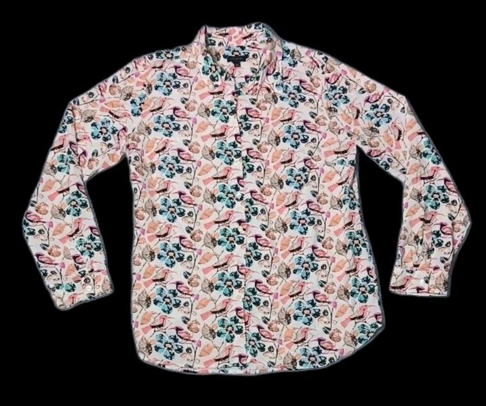 Talbots Long Roll Tab Sleeve Button Up M Floral Bird Print Artsy Career Casual - Picture 1 of 12